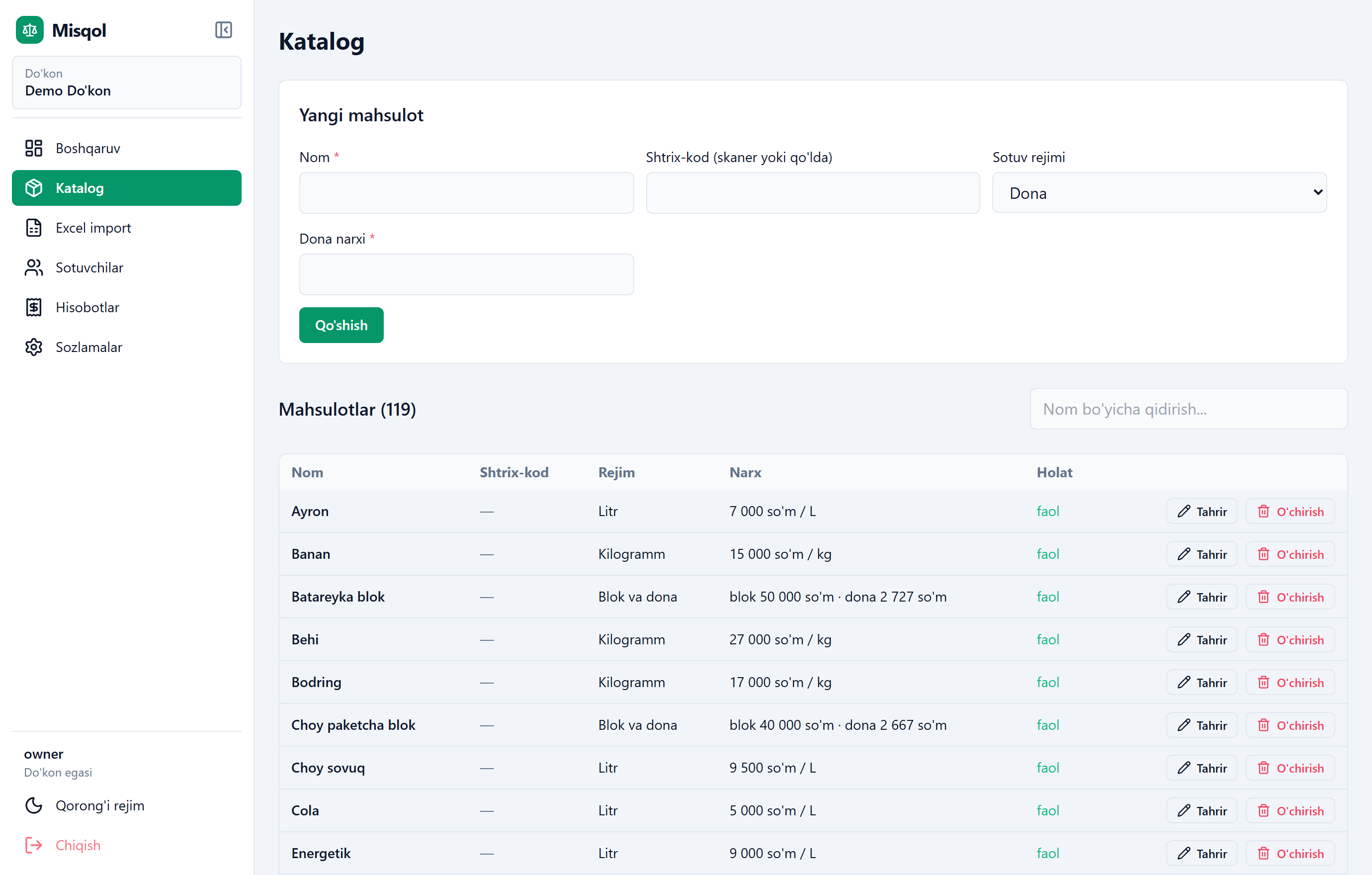 Misqol katalog — mahsulotlarni boshqarish va Excel import